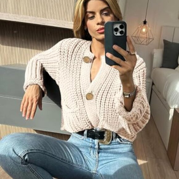 Cropped Cardigan Sweater Chunky Knit Open Front Button Down Y2K Chic - Picture 4 of 8